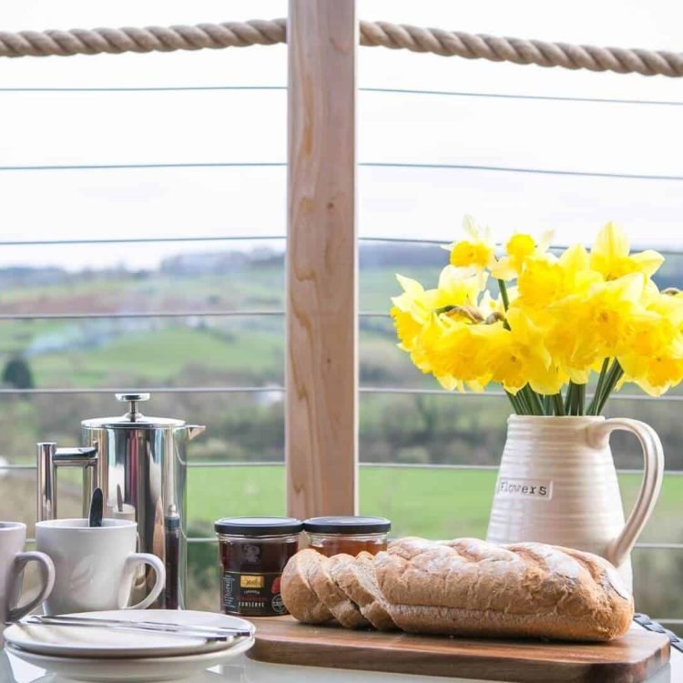breakfast foods and coffee with a view of countryside